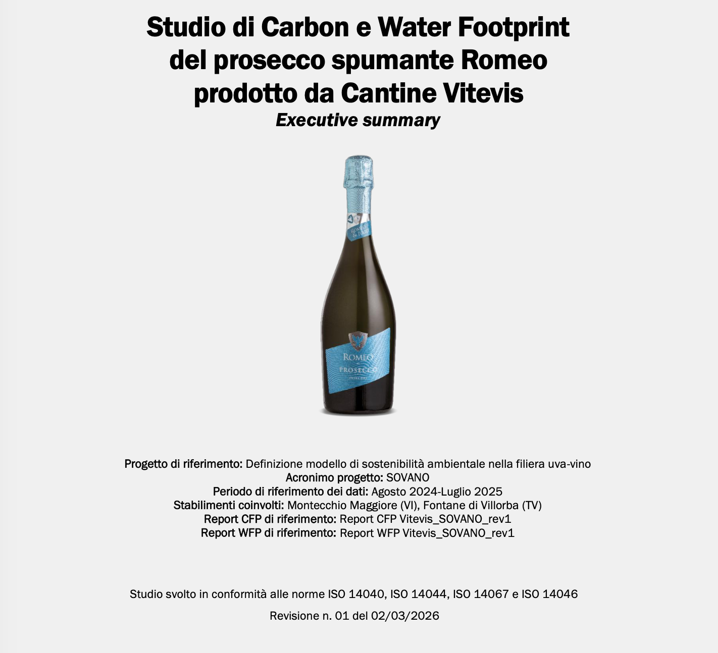 Studio di Carbon e Water Footprint del prosecco spumante Romeo prodotto da Cantine Vitevis