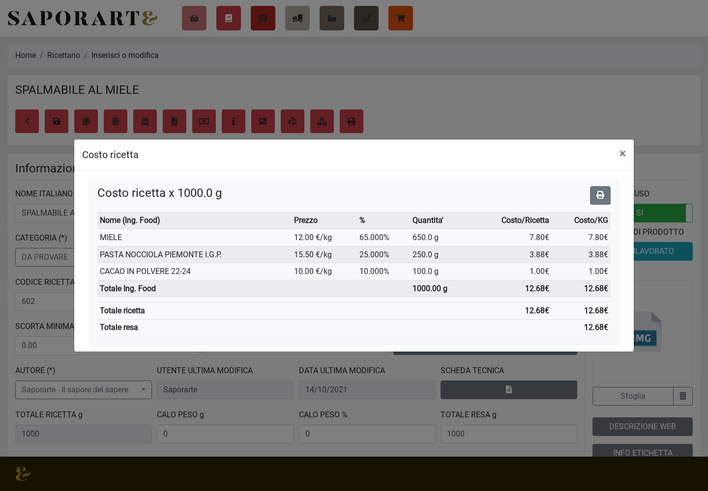 Schermate del software reale — Food cost