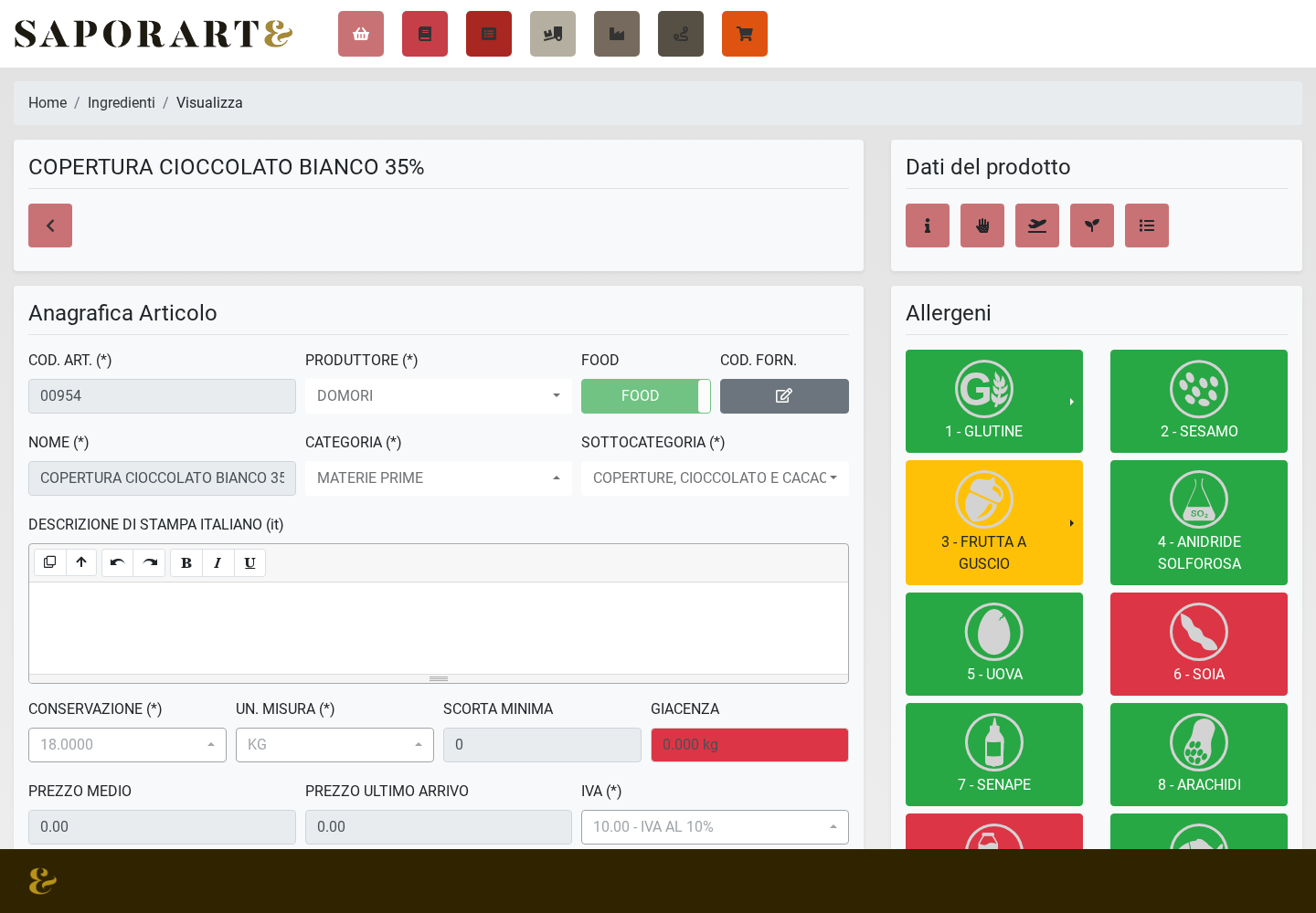 Schermate del software reale — Allergeni e dati del prodotto