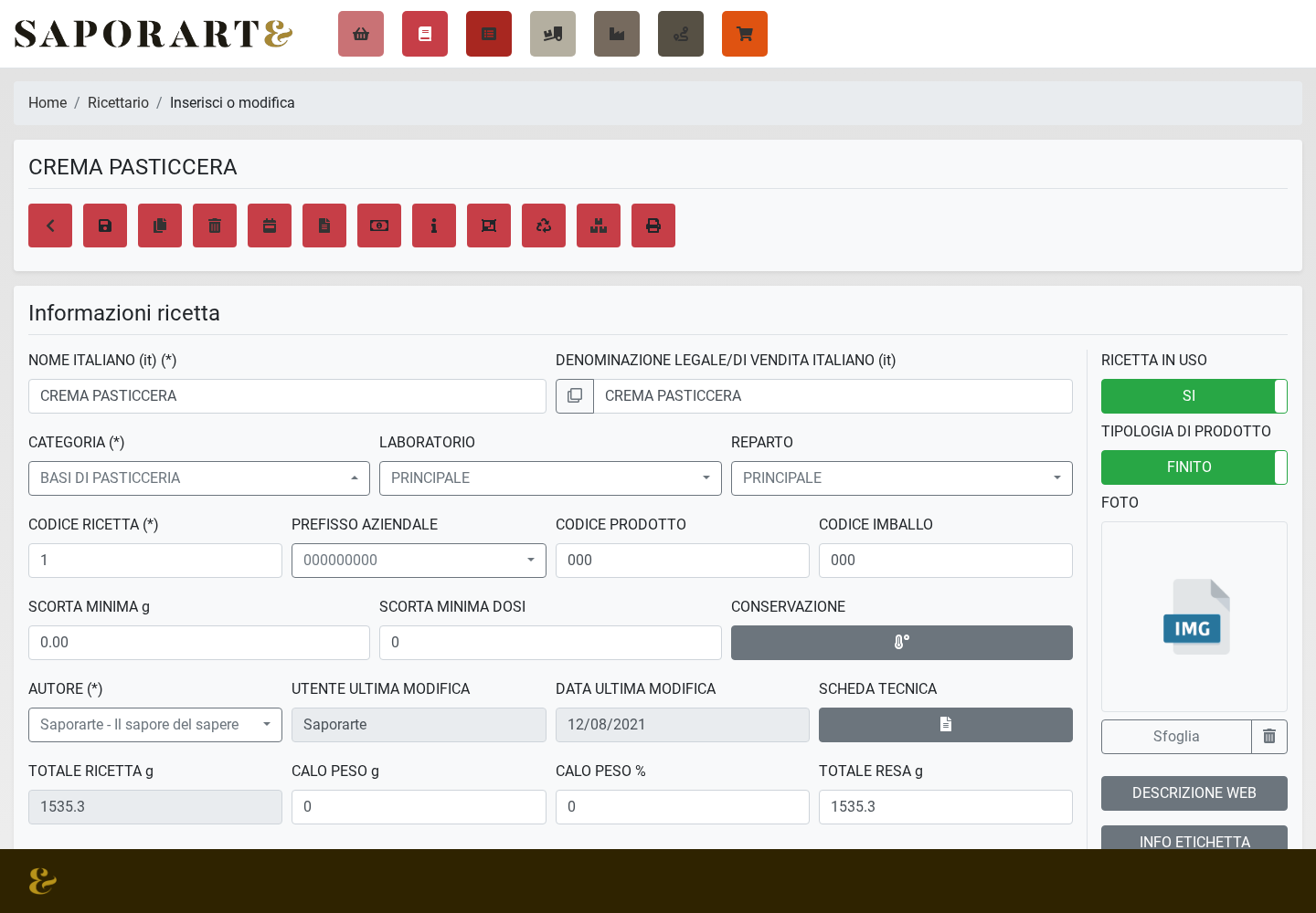 Schermate del software reale — Ricettario e food cost
